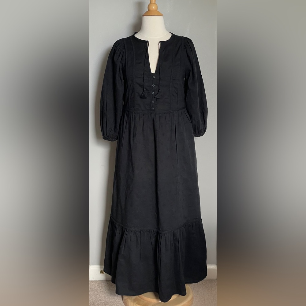 Old Navy Black Tiered, 3/4 Sleeve Dress with Tie Neck, Size XS, Boho, Hippie